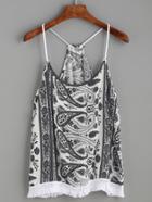 Romwe Black Paisley Print Knotted Fringe Trim Cami Top