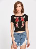 Romwe Embroidered Appliques Backless Crop Tee