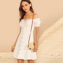 Romwe Button Front Puff Sleeve Bardot Dress