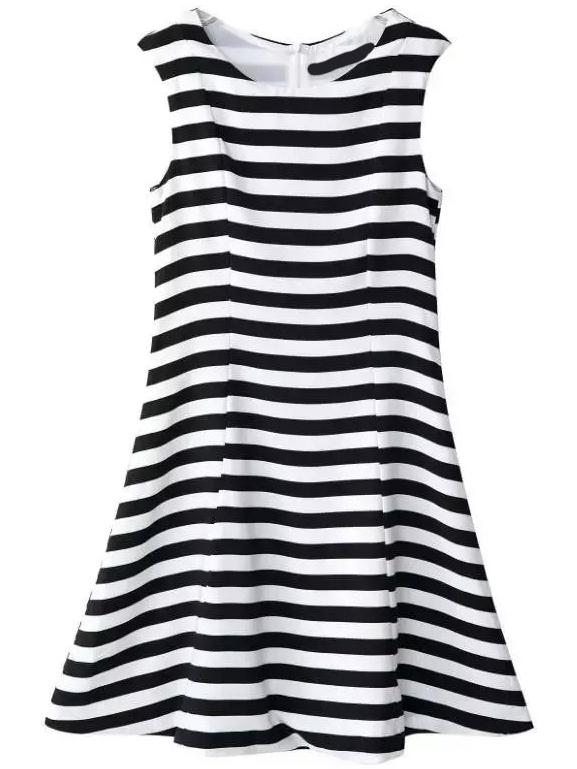 Romwe Round Neck Sleeveless Striped Flare Dress