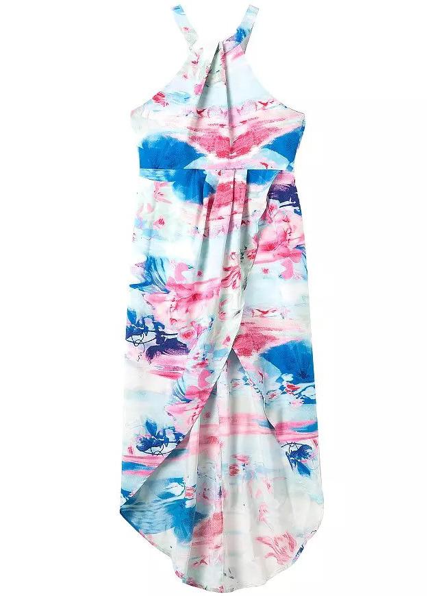 Romwe Halter High Low Florals Blue Dress