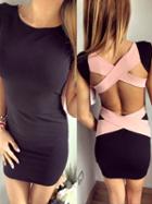 Romwe Contrast Cross Back Sleeveless Bodycon Dress - Black