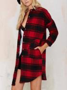 Romwe Red Black Long Sleeve Plaid Pockets Blouse