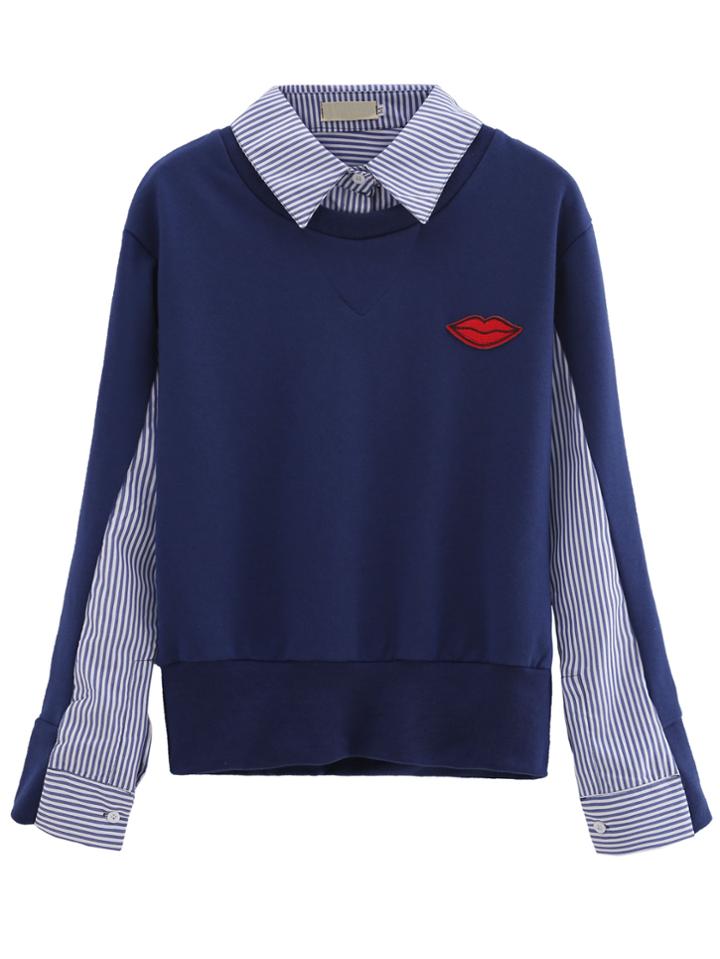 Romwe Contrast Striped Lips Patch Blouse