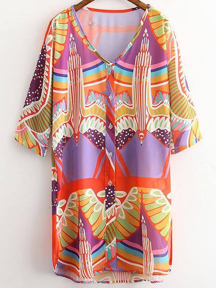 Romwe Multicolor Half Sleeve Buttons Front Print Dress