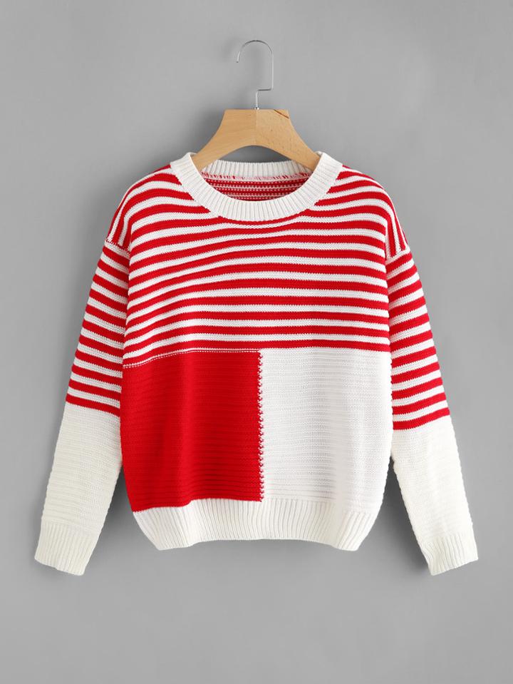 Romwe Color Block Striped Knit Sweater