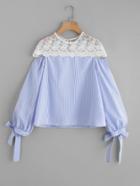 Romwe Contrast Embroidered Mesh Yoke Bow Tie Striped Blouse