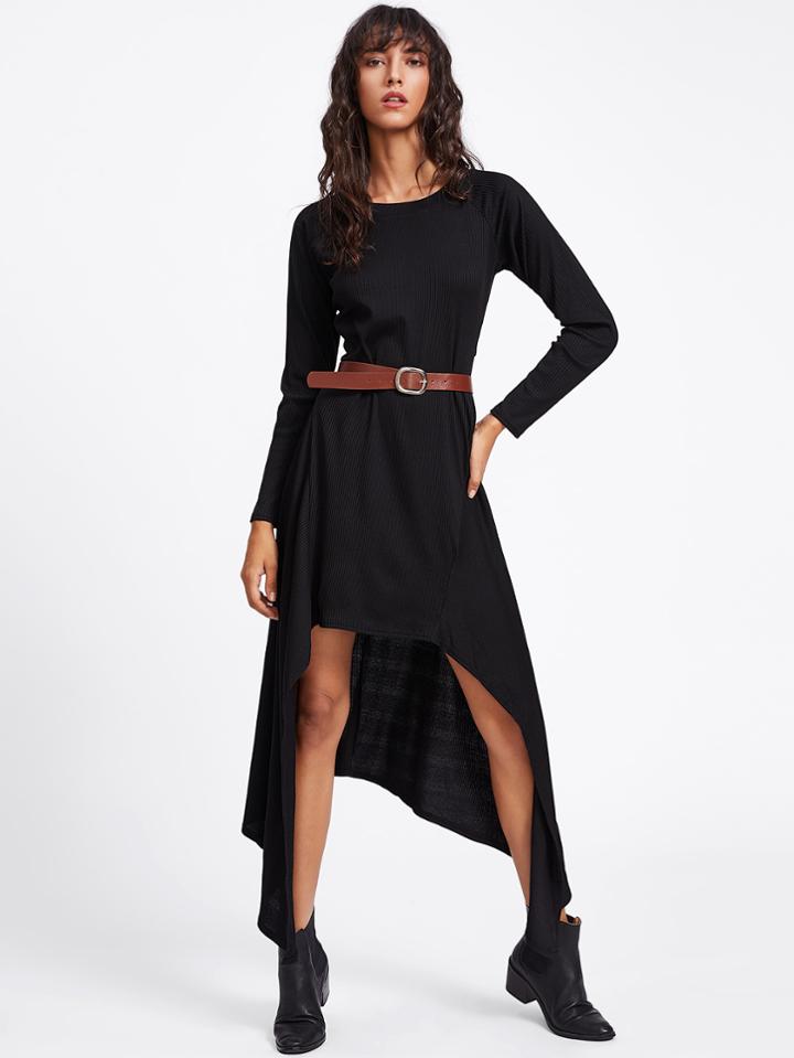 Romwe Asymmetric Hem Ribbed Knit Dress With Belt