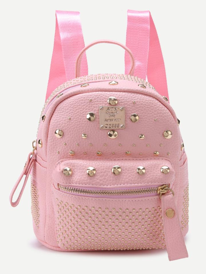 Romwe Pink Pebbled Pu Studded Front Zipper Backpack