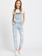 Romwe Light Blue Ripped Bleach Wash Cuffed Overall Jeans