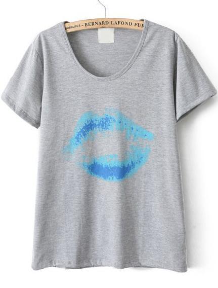 Romwe Grey Short Sleeve Blue Lip Print T-shirt