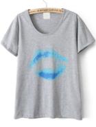 Romwe Grey Short Sleeve Blue Lip Print T-shirt