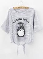 Romwe Blue White Striped Totoro Print Knotted T-shirt