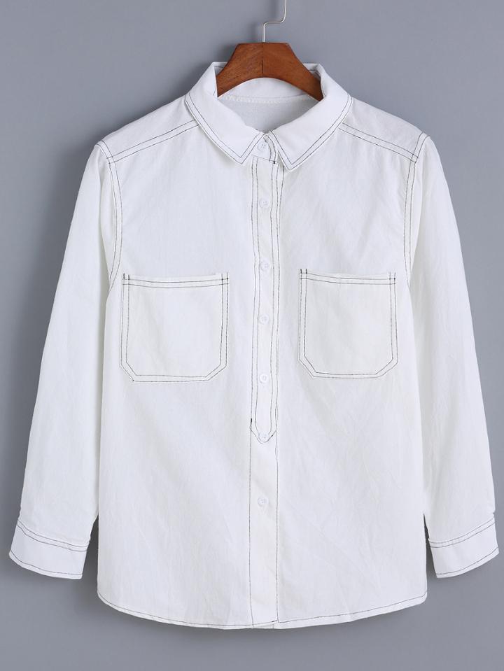 Romwe Lapel Button-down Pockets White Blouse