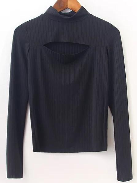 Romwe Black Slit Front Mock Neck Top