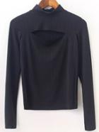 Romwe Black Slit Front Mock Neck Top