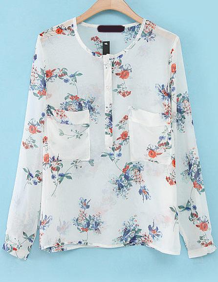 Romwe Floral Pockets Sheer Blouse