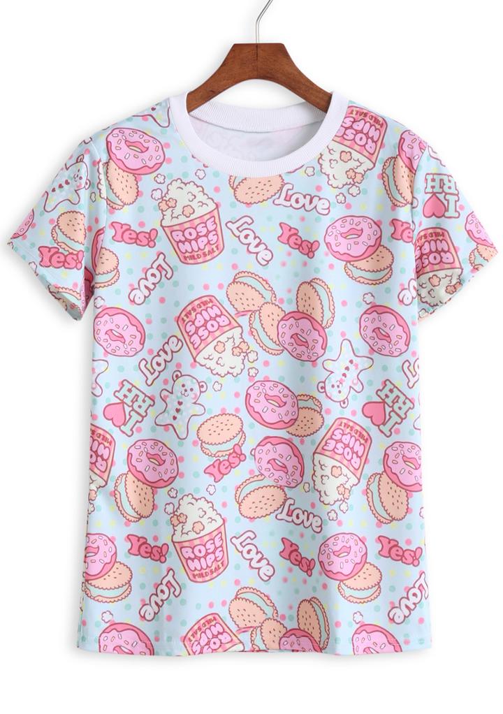 Romwe Round Neck Doughnuts Print T-shirt