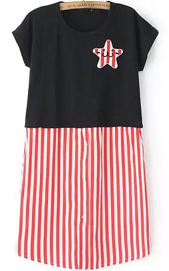 Romwe Contrast Vertical Striped Hem Black Dress