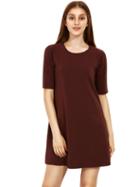 Romwe Coffee Round Neck Inch Half Sleeve Loose Dress