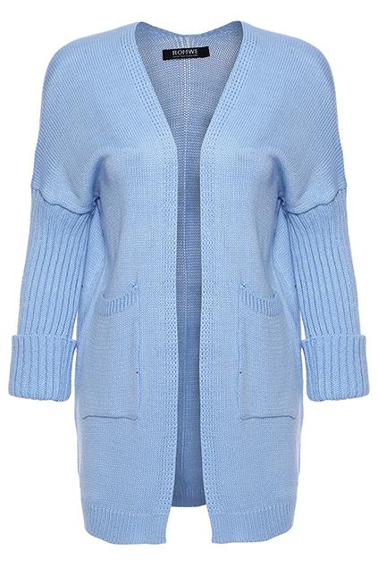 Romwe Pocketed Blue Knitted Cardigan