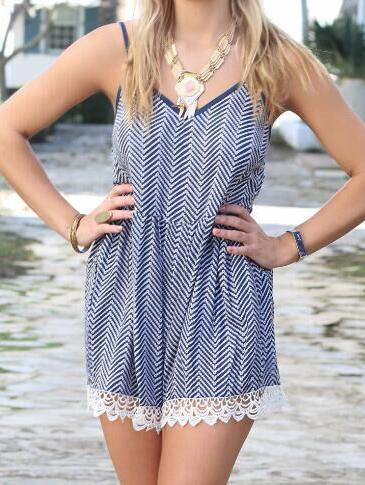 Romwe Navy Lace Trim Chevron Print Cami Romper