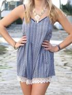 Romwe Navy Lace Trim Chevron Print Cami Romper