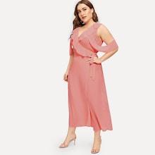 Romwe Plus Ruffle Trim Cold-shoulder Knot Side Dress
