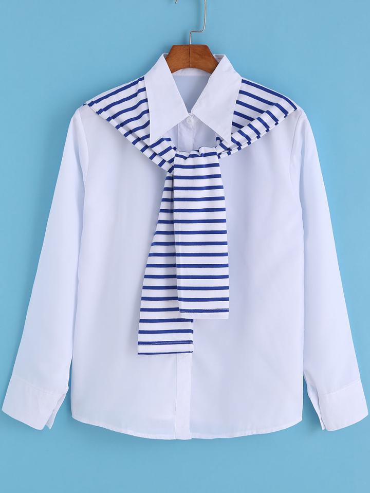 Romwe Lapel Striped Shawl Embellished Blouse