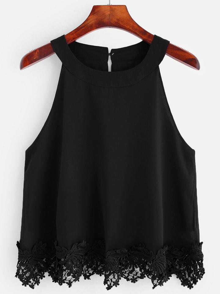 Romwe Black Crochet Trim Chiffon Halter Top