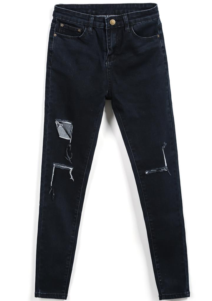 Romwe Ripped Pockets Black Denim Pant