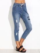 Romwe Blue Ripped Drawstring Patch Jeans