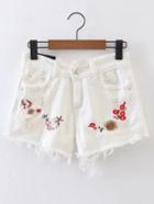 Romwe Raw Hem Flower Embroidered Denim Shorts