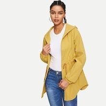 Romwe Drawstring Waist Curved Hem Hooded Coat