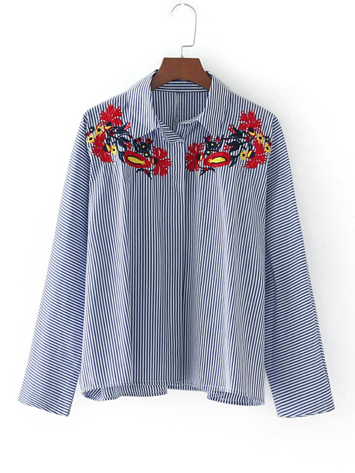 Romwe Embroidery Cut Out Cuff Pinstripe Blouse
