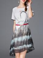 Romwe Grey Ink Print Belted Asymmetric Dress