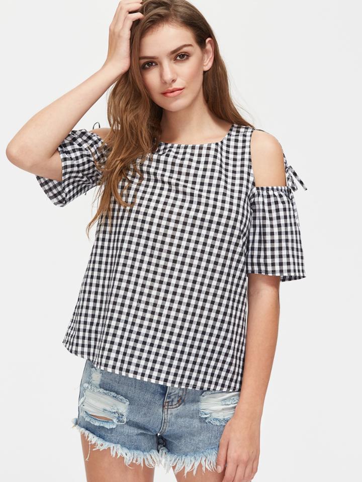 Romwe Open Shoulder Self Tie Detail Gingham Top