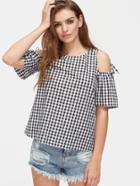 Romwe Open Shoulder Self Tie Detail Gingham Top