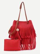 Romwe Red Pu Tassel Fringe Convertible Shoulder Bag With Clutch