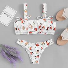 Romwe Fruit Print Smocked Top With Lettuce Trim Bikini