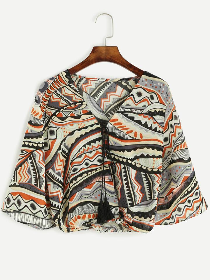 Romwe Graphic Print V Neck Lace Up Crop Top