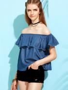 Romwe Blue Lace Trim Ruffle Off The Shoulder Denim Top
