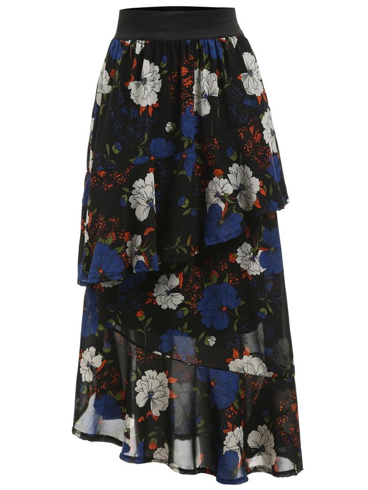 Romwe Flower Print Layered Chiffon Dress