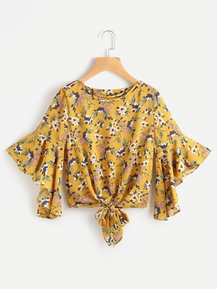 Romwe Strappy Neckline Calico Print Bell Sleeve Tie Front Top