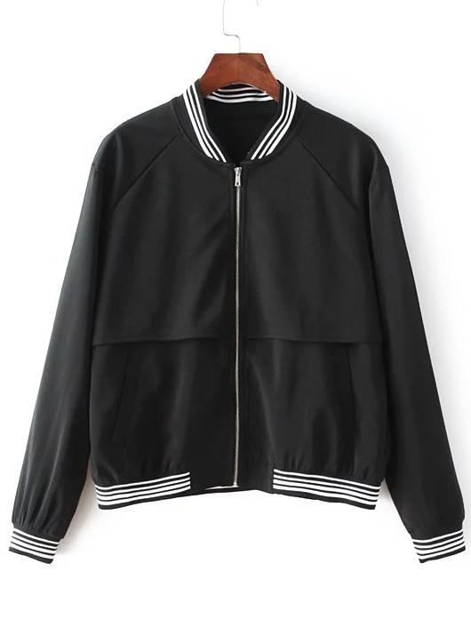 Romwe Striped Trim Bomber Jacket