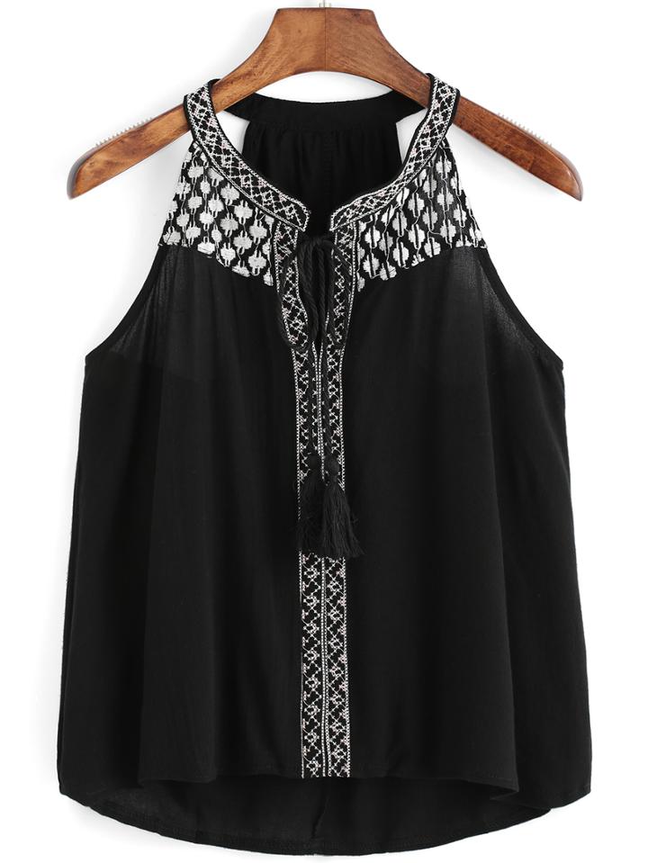Romwe Halter Embroidered Black Tank Top