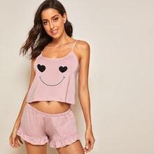 Romwe Smile & Heart Print Ruffle Cami Pj Set