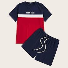 Romwe Guys Slogan Print Colorblock Tee And Shorts Set