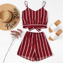 Romwe Striped Random Split Bow Tie Back Cami Top With Shorts
