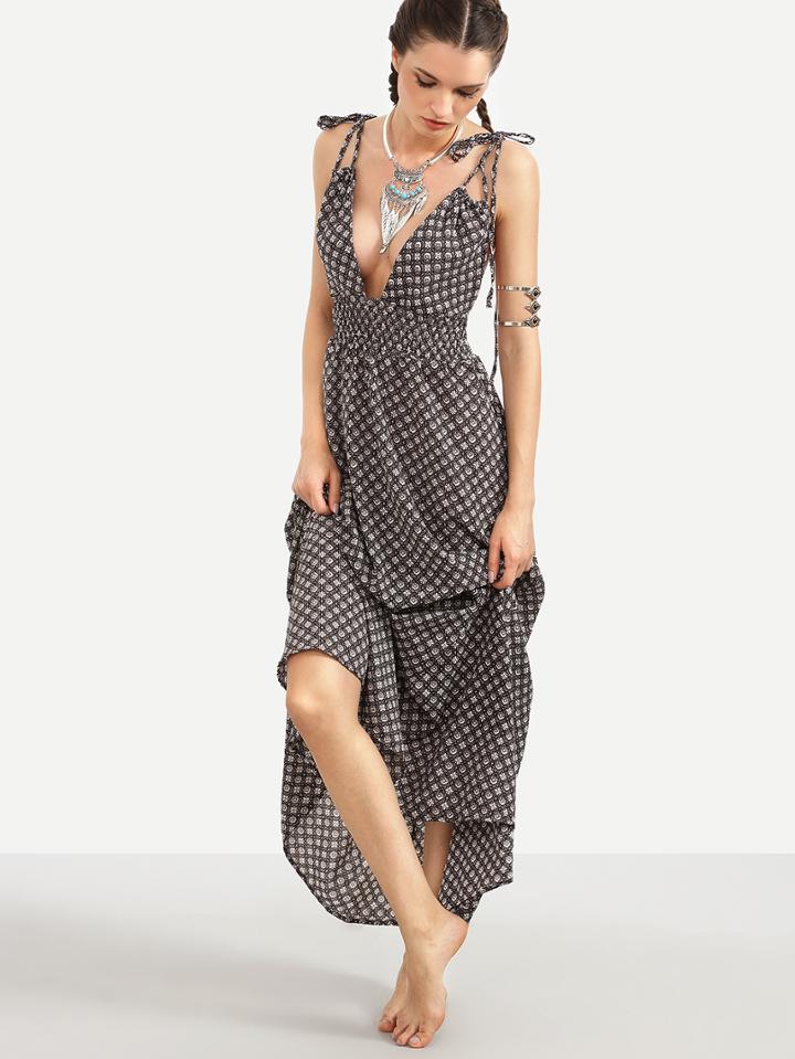 Romwe Black Printed Tie Shoulder V Neck Shirred Dress
